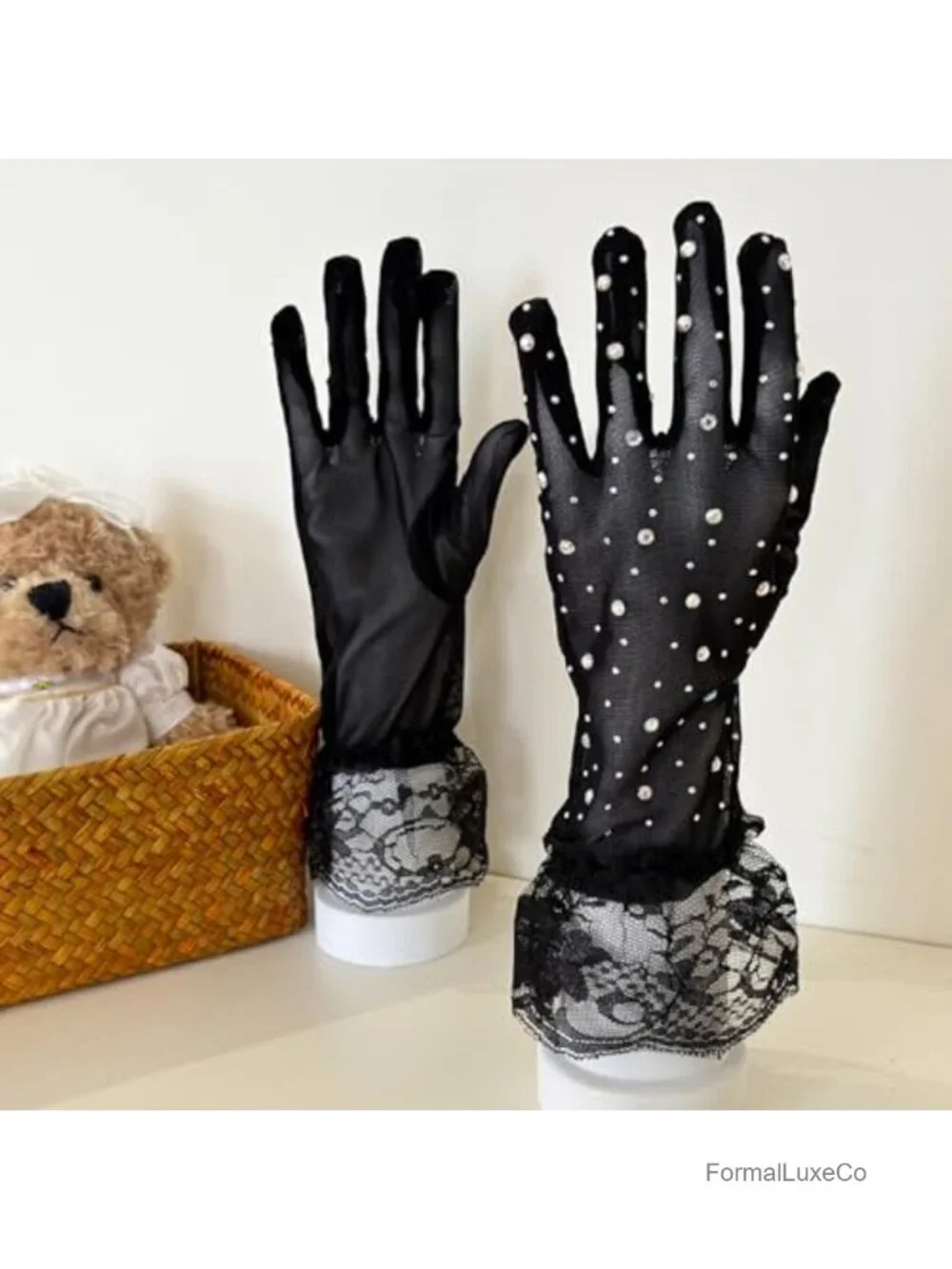 Vintage Lace Mesh Sheer Gloves with Rhinestones for Wedding Party Halloween